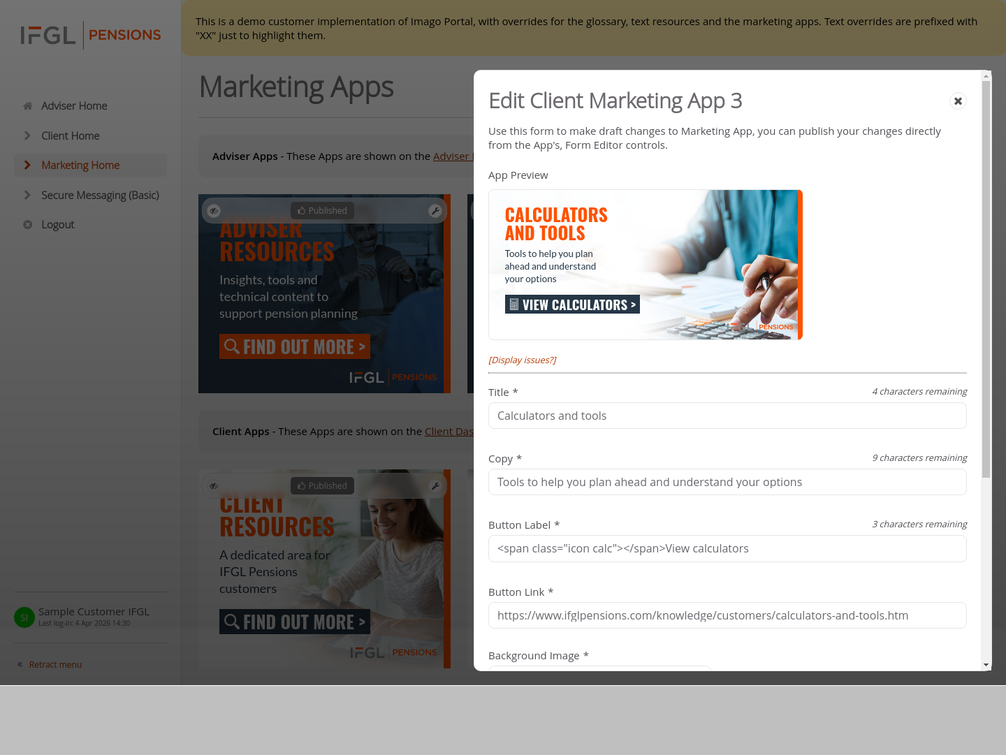 Customer-IFGL > 03 Marketing Dashboard > Edit Marketing Apps